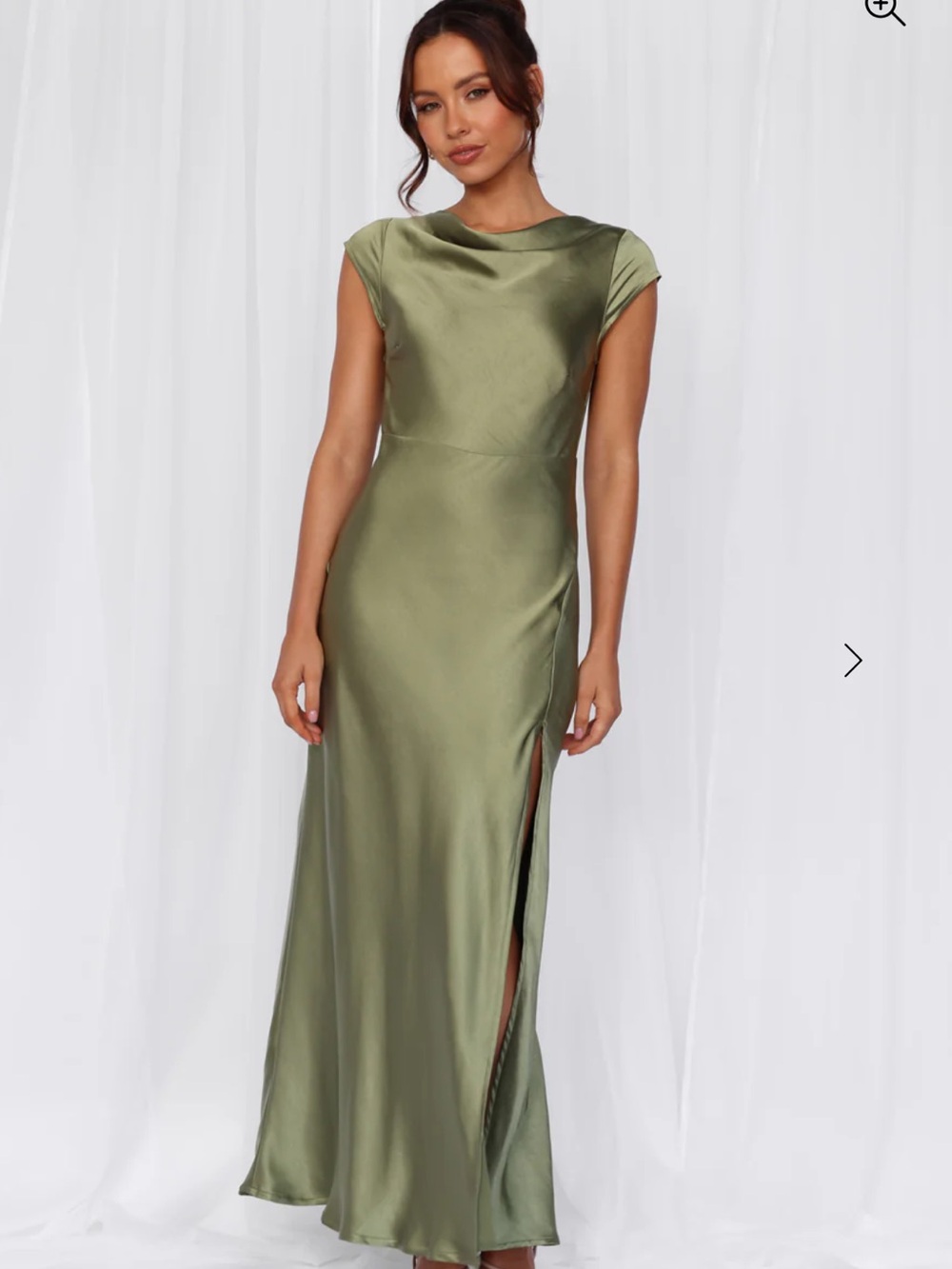 Hello Molly Satin Olive Maxi Dress with Side Slit